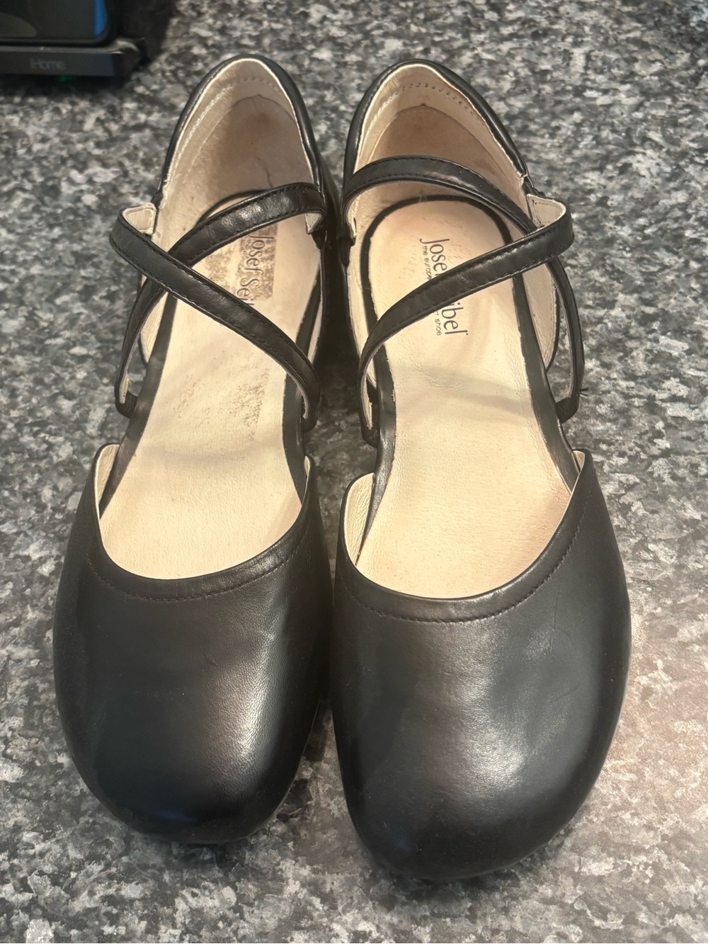 Josef Seibel Black Leather Cross-Strap Flats with Rounded Toe